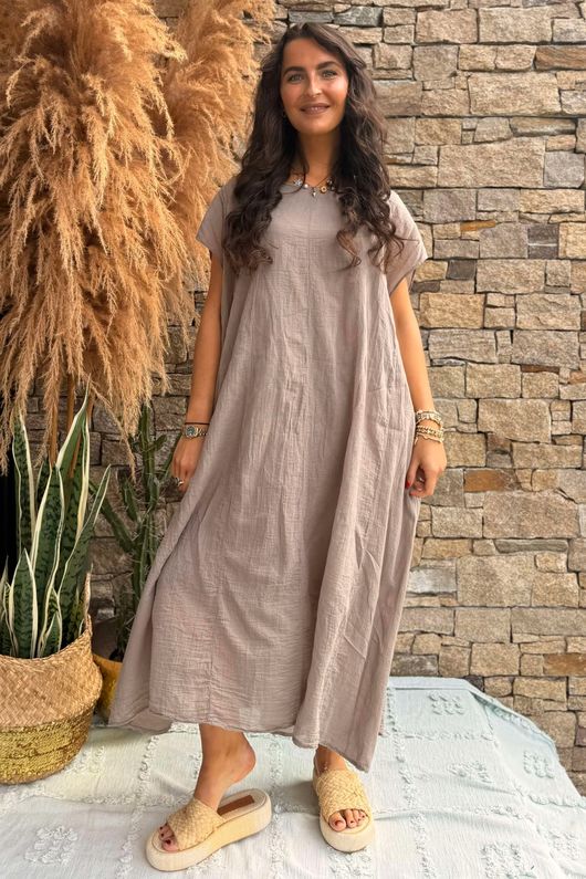 Made in Italy Sa Caleta Cotton Cap Sleeve Pocket Midaxi Dress Mocha - 